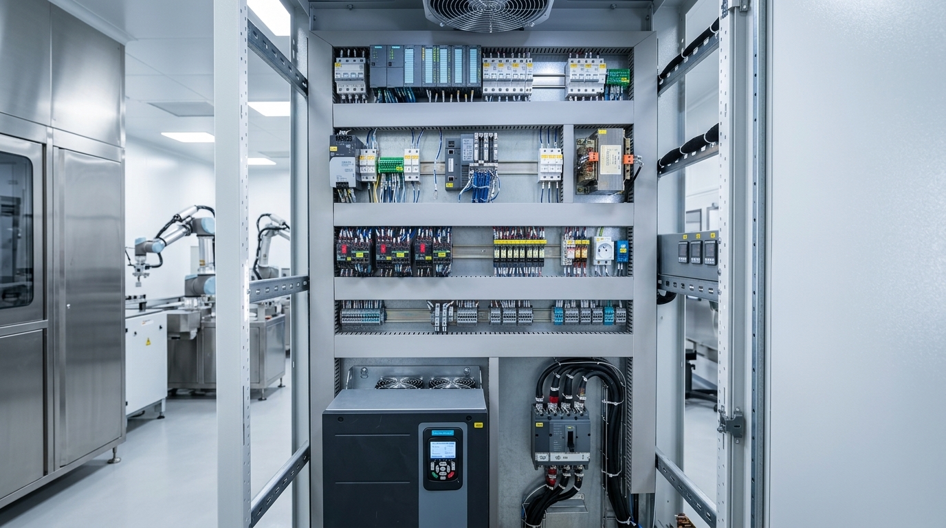Industrial PLC automation rack with digital/analog I/O modules and variable speed drive