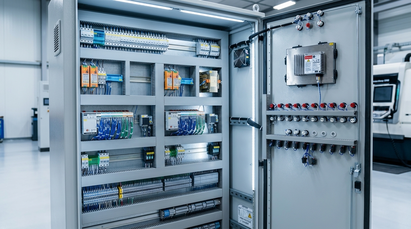 Industrial electrical control cabinet with DIN-rail circuit breakers, wiring trunking, and contactors