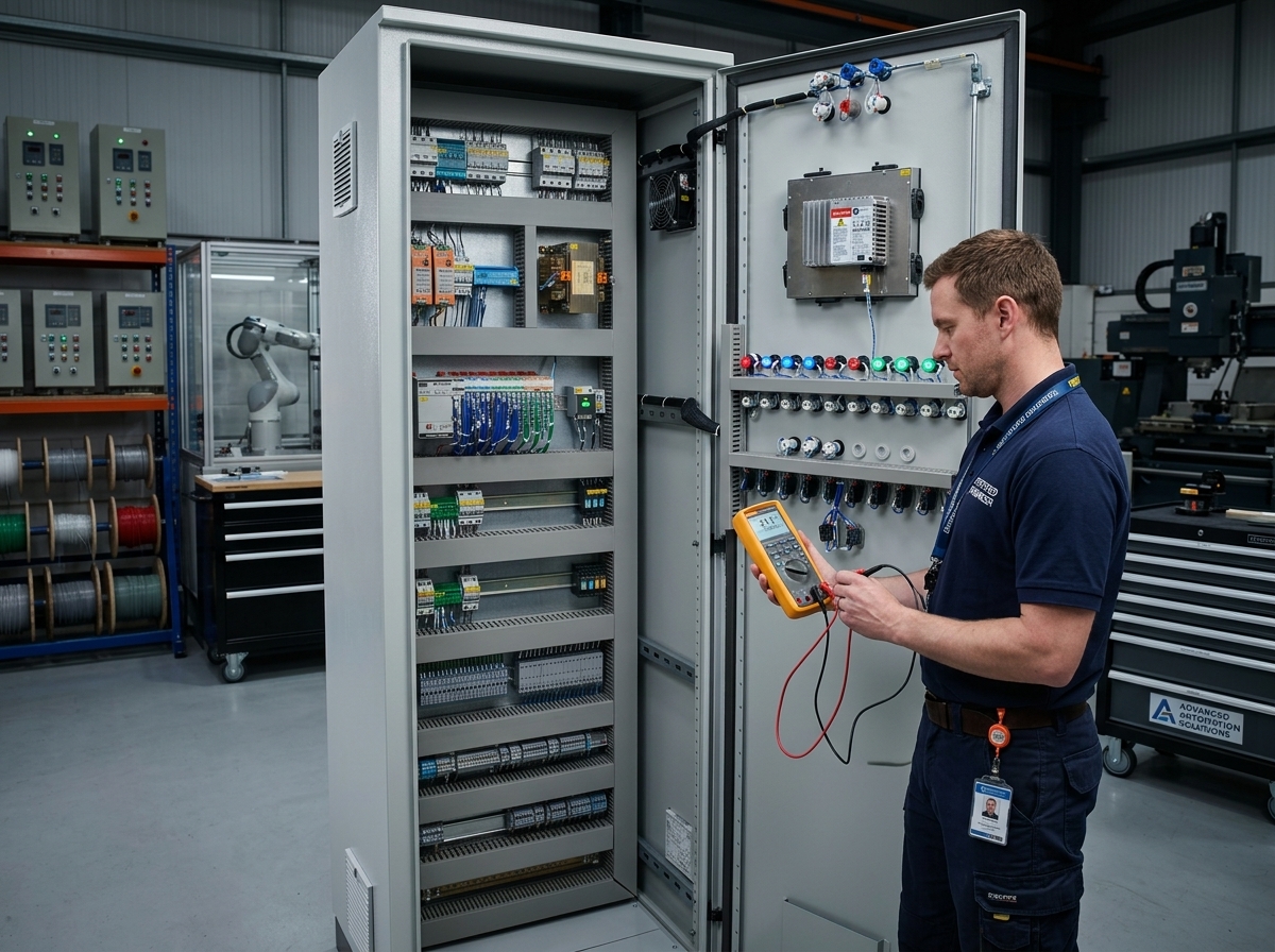 Upgraded industrial electrical automation cabinet with modern PLC, wiring, and multimeter testing