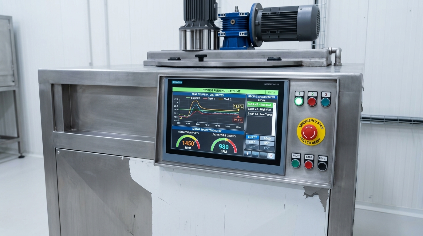 Industrial touchscreen HMI supervision panel with temperature curves and recipe controls