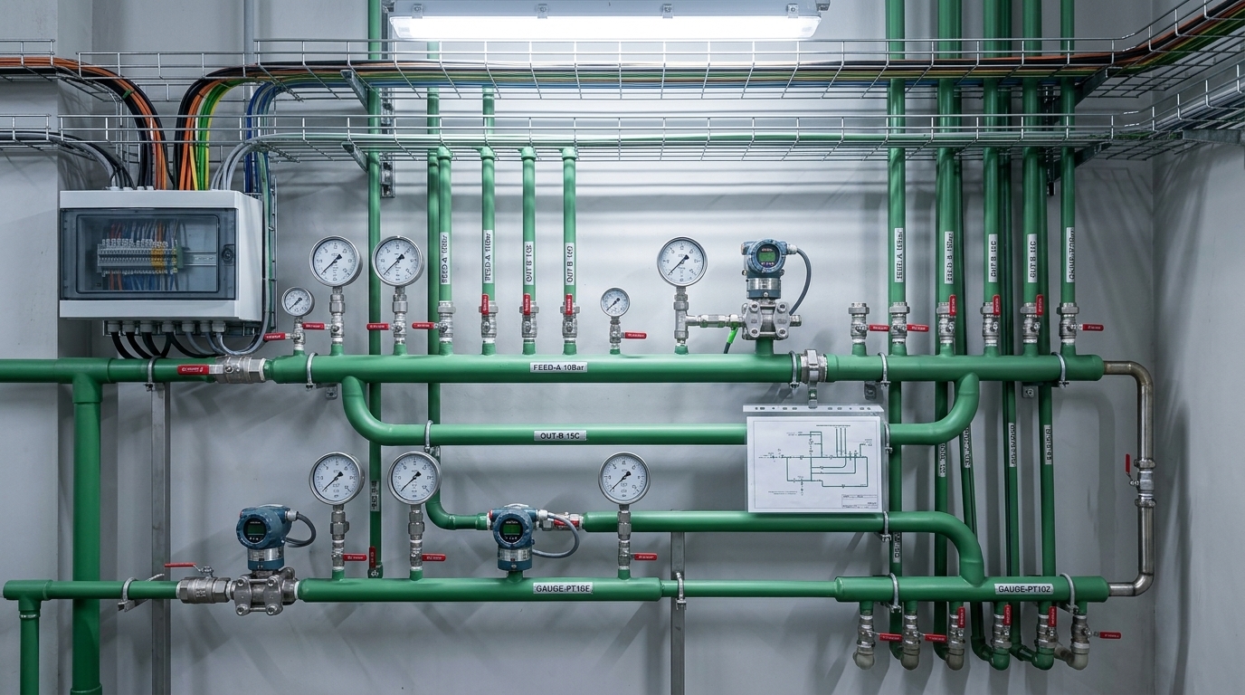 Industrial process fluid piping, pressure gauges, digital transmitters and parallel cable trays
