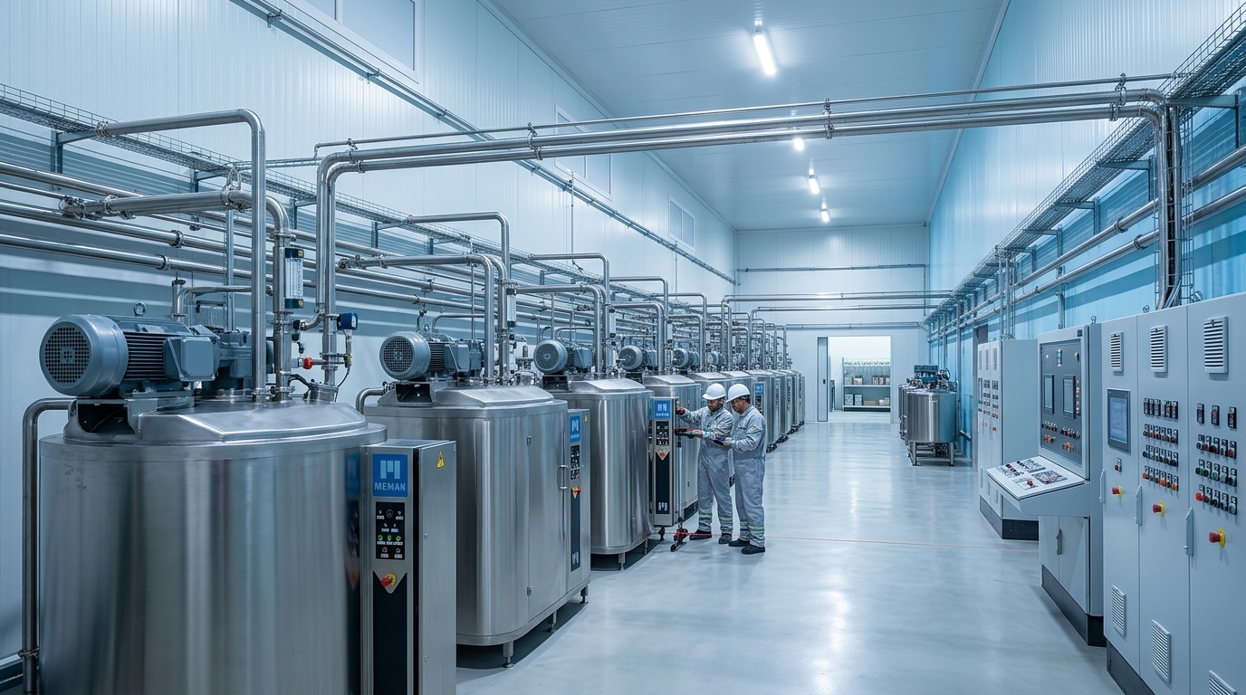 Industrial plant machinery installation, Memak stainless steel vessels, and process piping