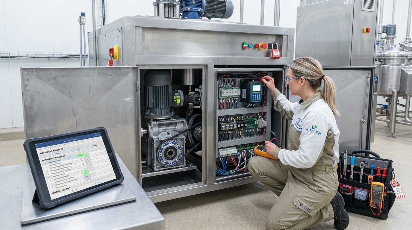 Industrial machine servicing, motor drive inspection and control circuit diagnostics