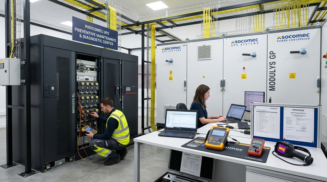 Preventive maintenance testing bench with diagnostic instruments and Socomec UPS modules