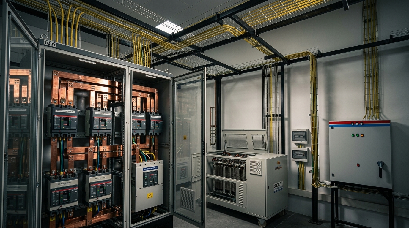 Main low-voltage switchboard (TGBT) with heavy copper busbars, circuit breakers and overhead cable trays