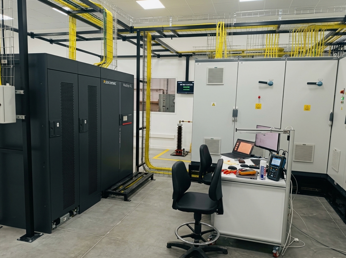 ROCKE1T power inverter testing laboratory with Socomec modular UPS and overhead wire mesh cabling infrastructure
